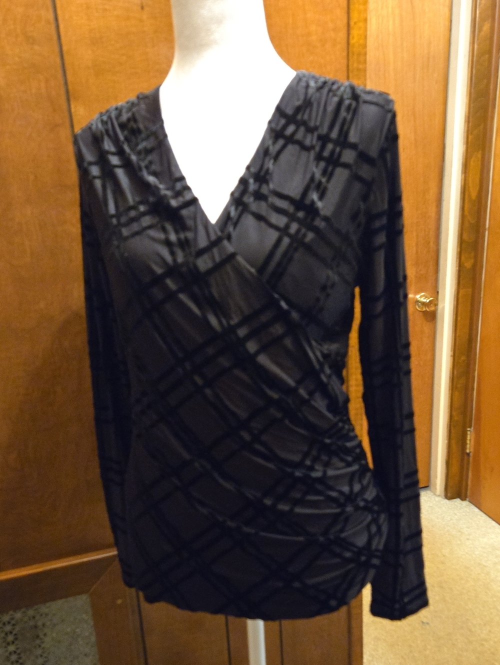 Black Faux-Wrap Long-Sleeve Blouse with Textured Plaid